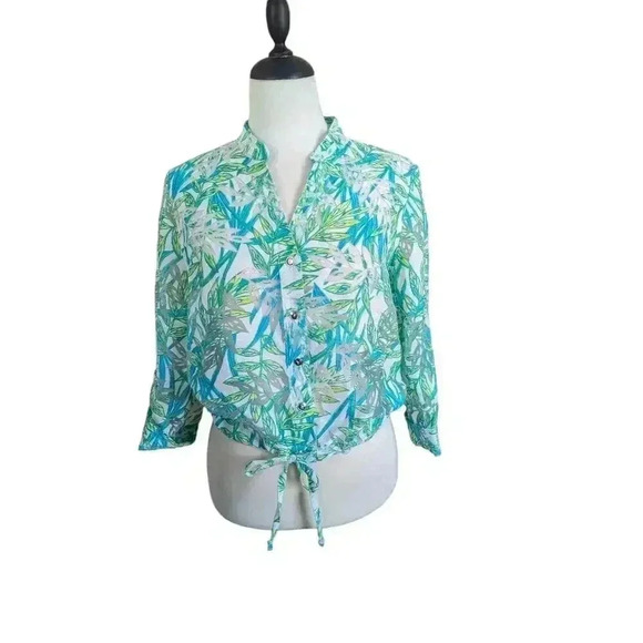 Heart of Palm Tropical Leaves Sheer Cropped Button Up Top 12P - Picture 1 of 7